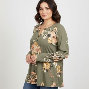 Dear Scarlett Blouse Floral Long Sleeve Olive Green Top Peach Relax Women sz XL